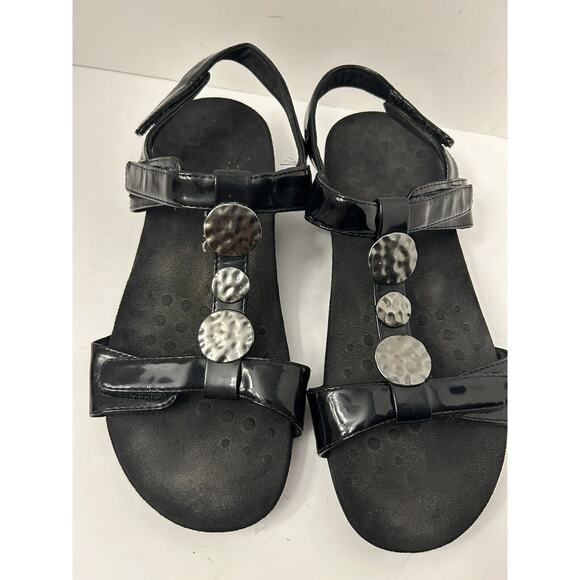 Vionic Size 11 Black Farra Silver Disc Trim T Strap Sandals Shoes Adjustable - Picture 2 of 8